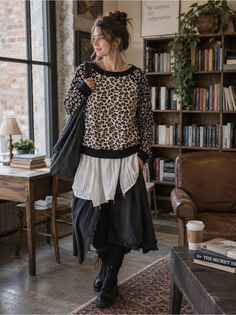 Women’s SZ medium, black and white animal print sweater. Adds flare to an outfit